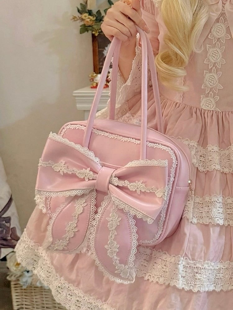 Old Square School Lace und mit PU Lolita Pink Umhängetasche Schleifendetails