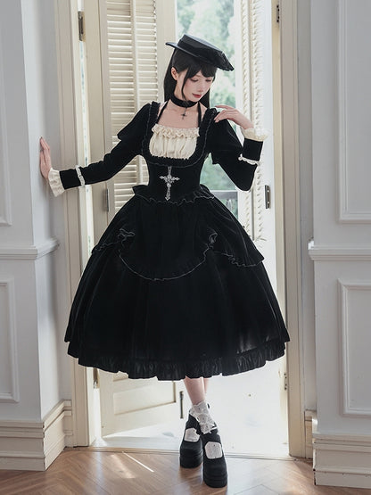 Velvet Hat Waist + Boned for Brooch Basque Bow Dress Choker Autumn/Winter Lolita Black Long Set Version