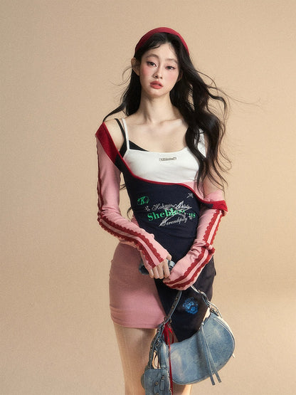 Taille Patchwork Design Glamouröse Rosa Kleid Hohe Mini