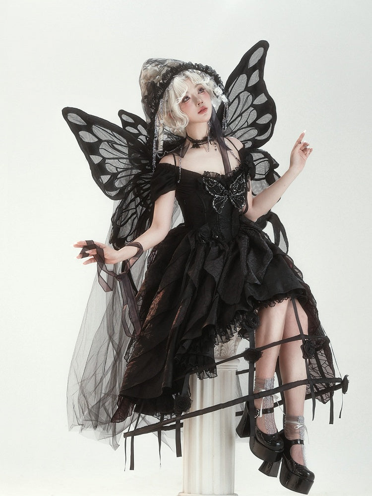 Butterfly Motif Puff Sleeve Lolita Top and Asymmetrical Hem Skirt Set in Black - Sweet Wood Lolita