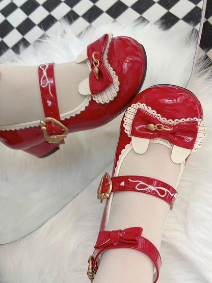 Bunny Embellishments Details Bow Lolita Red Shoes Mid-heel Sweet with Ear