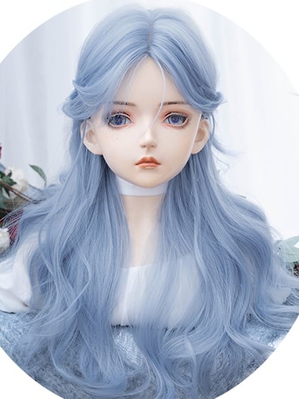 カーテンバング付きブルーロングウェーブ合成ウィッグ