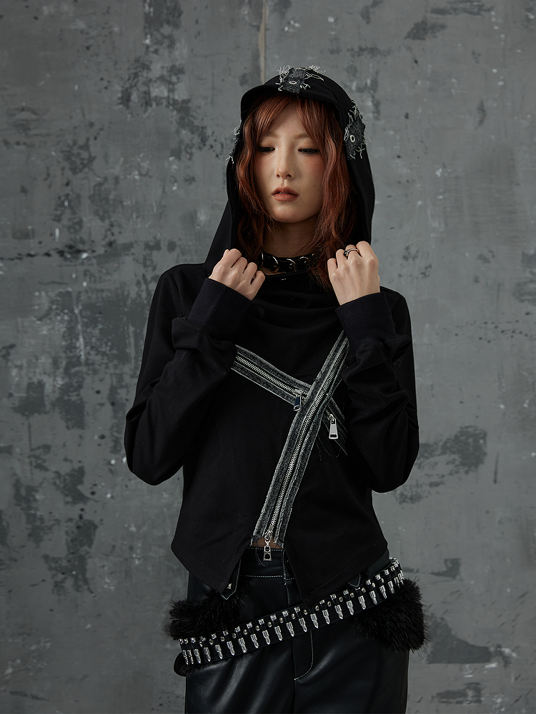 Cardigan With Denim Patchwork  Zipper Accents Black Punk Cross Knit Hooded
