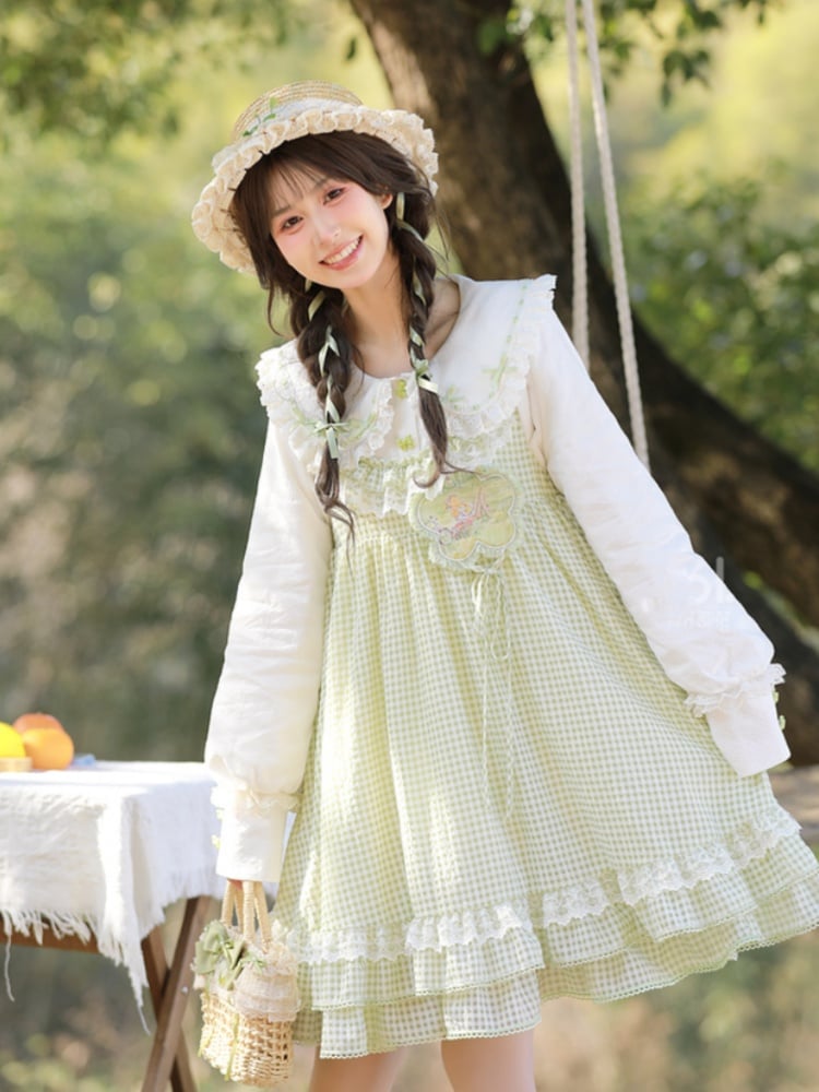 Green and White Plaid Ruffle Hem Overalls Mori Kei Dress