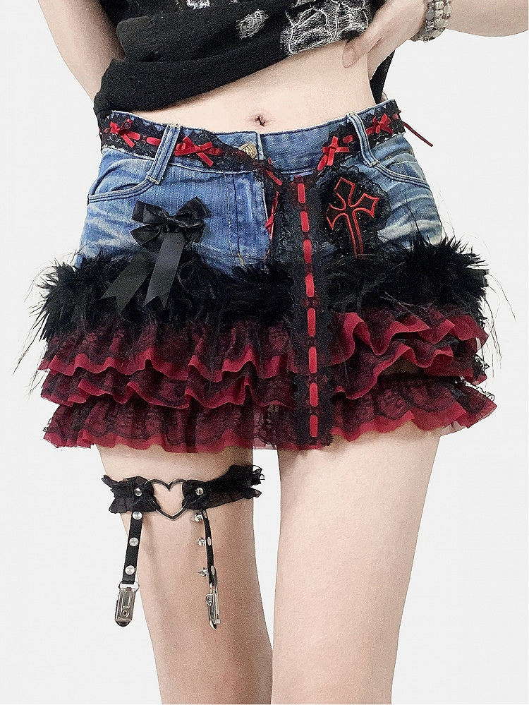 Lace Skirt Tiered Y2K Patches Contrast Blue