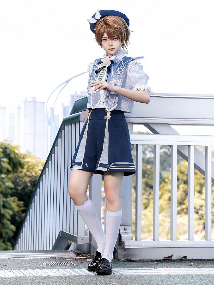 Detachable Lolita Ruffled Blue Shorts Ouji Shirt Set Warmers + Collar Dark Leg