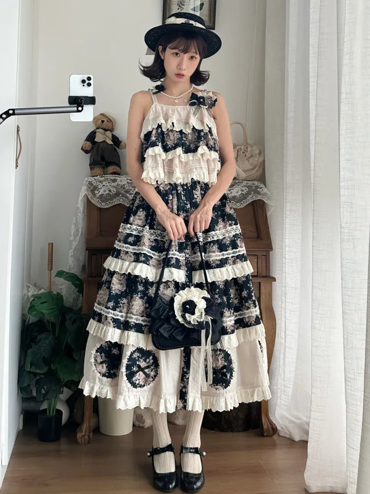 Black Rosette Print and Top Cami Tiered Beige