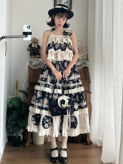 Black Rosette Print and Top Cami Tiered Beige