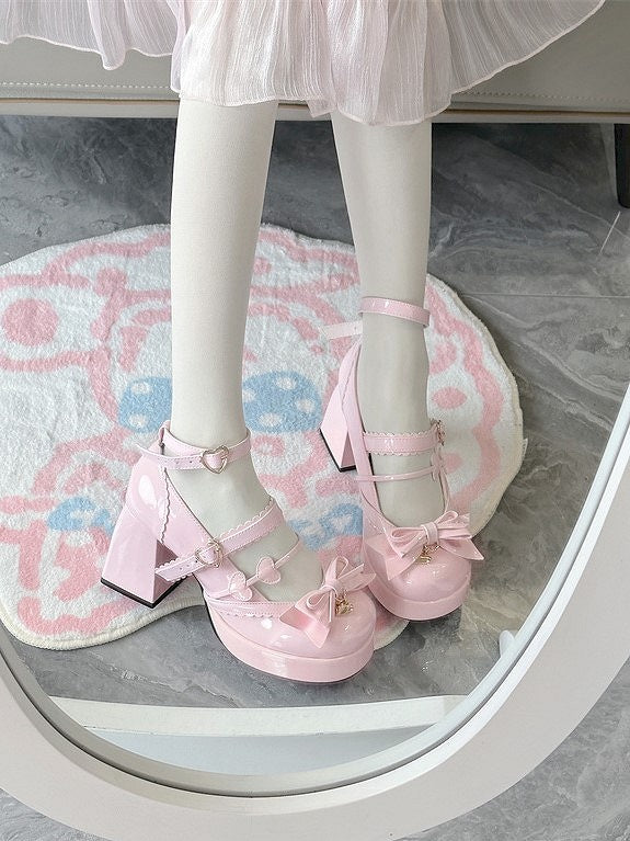 Pink Heart High at with Details Bow Elegant Heels Block Platform Lolita Top