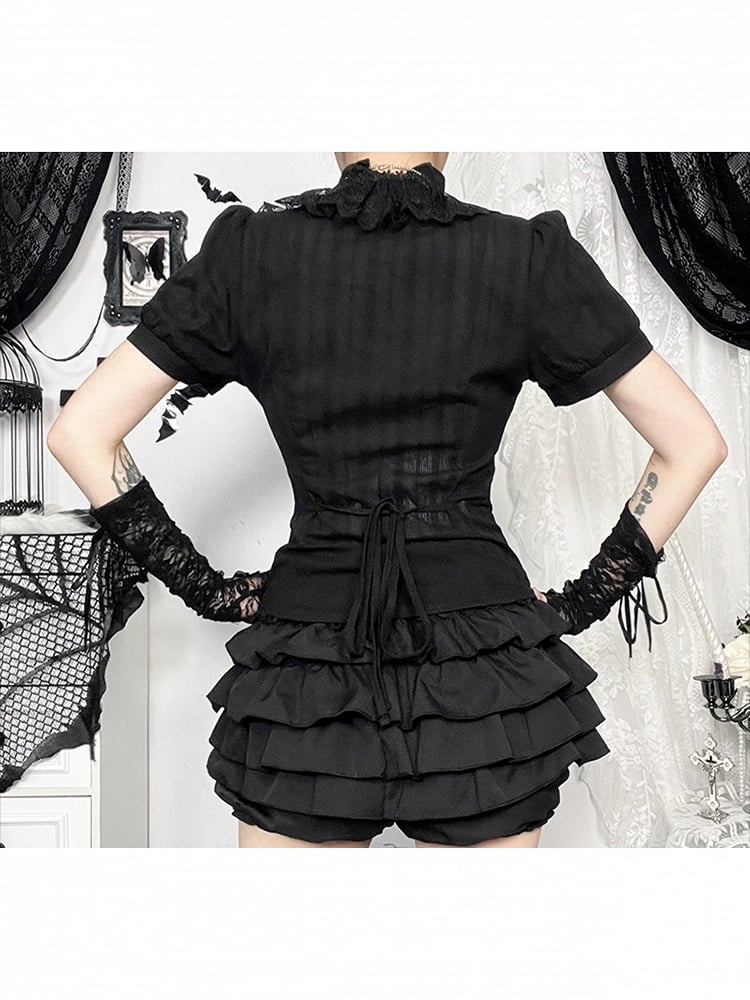Short with Ruffled Collar Ruffle Black Gothic Sleeve Halloween Shirt