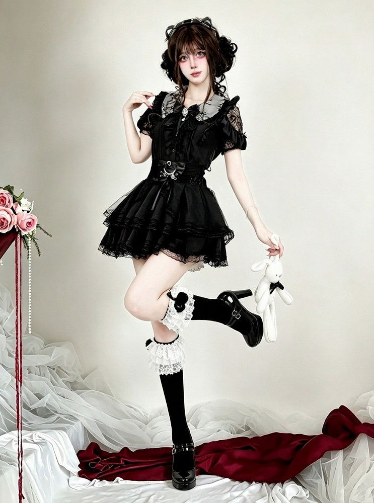 Midnight Lace-Shoulder Ruffle Blouse with Cutout Accents - AMAHAKAWA