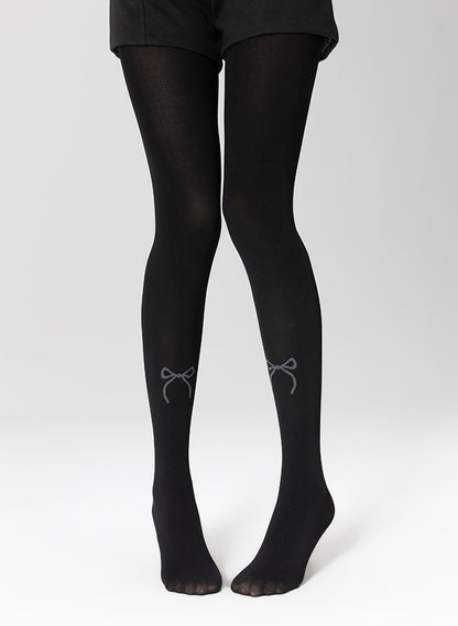Tights Pattern Warm Black/Gray Bow Slimming