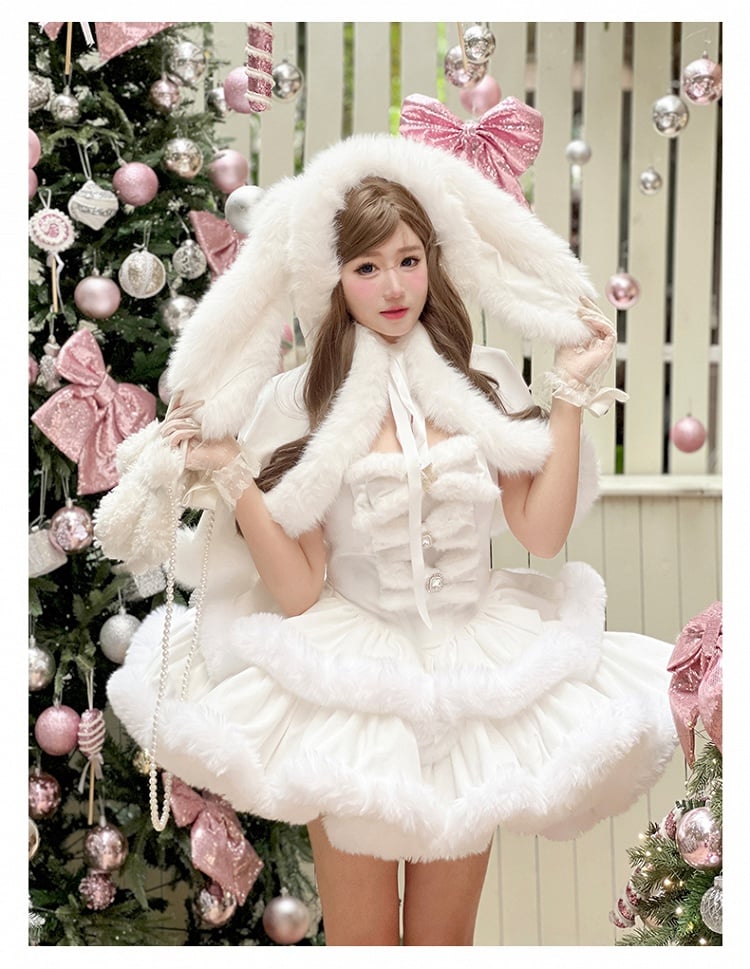 White Sweet Winter Lolita Hooded Cape with Oversized Plush Bunny Ears