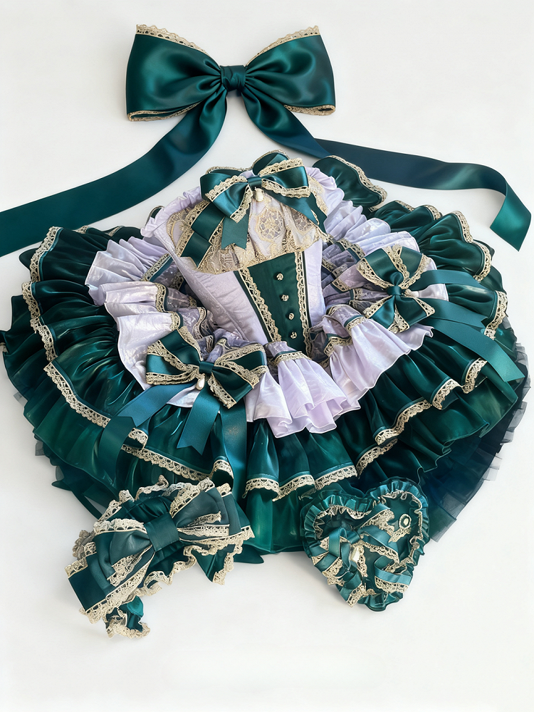 Layers Green Gold Light with Bow Accents and Purple Lace Dress Princess Trim Balletcore