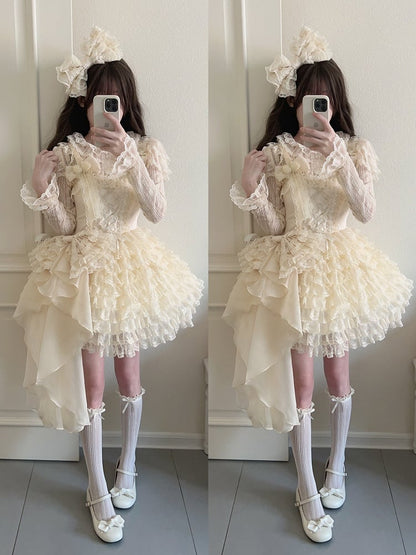 Dress Lace Ruffle Bow + Hem Only Apricot Multi-Layered Train JSK / Lolita