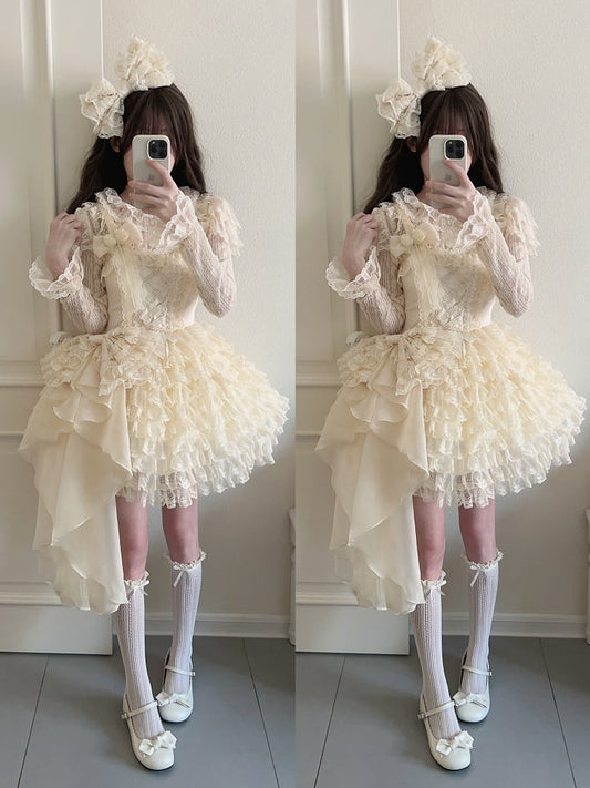 Dress Lace Ruffle Bow + Hem Only Apricot Multi-Layered Train JSK / Lolita