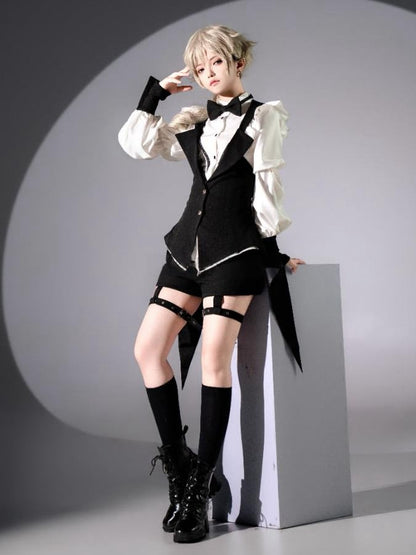 Gothic Tailcoat Fashion Black with Pompoms Waistcoat Lace-up at Back Ouji