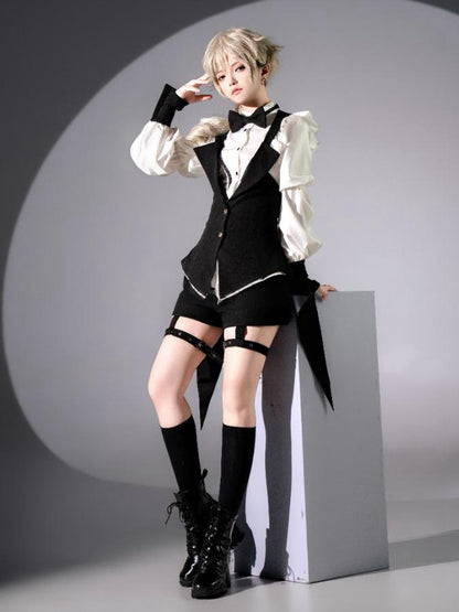 Gothic Tailcoat Waistcoat with Pompoms and Back Lacing - Shi Zhi Mao