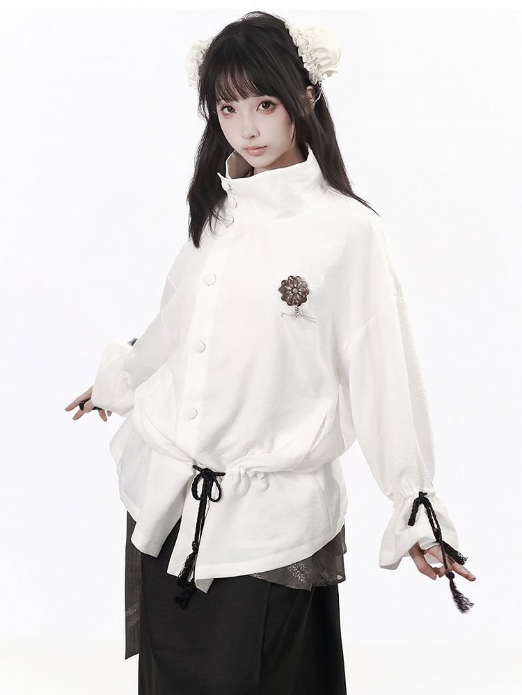 White Stand Collar Long Sleeve Top with Drawstring Design, Asymmetric Placket & Lotus-Root Brooch - PINK SAVIOR