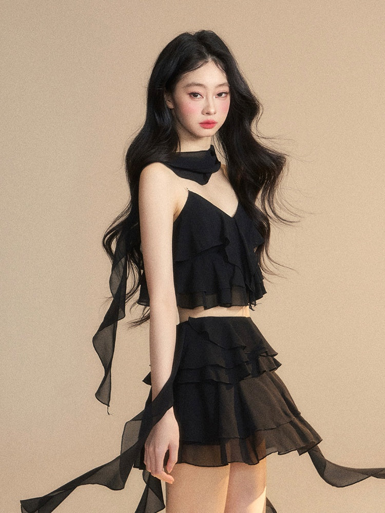 Tiered Black Chiffon V-Neck with Ruffles Cropped Cami Top Scarf Free