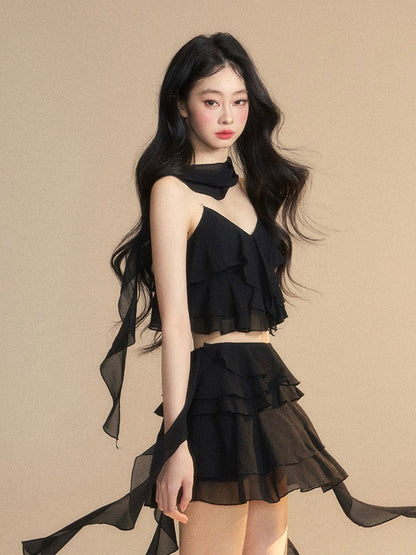 Tiered Skirt Asymmetrical Ruffled Hem Slim-fitting Mini Black Chiffon