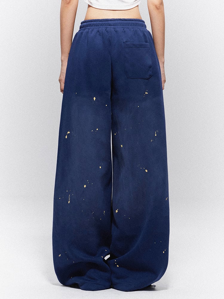 Vintage Blue Wide-Leg Sweatpants with Yellow '6' Print & Paint Splatter | J-Fashion