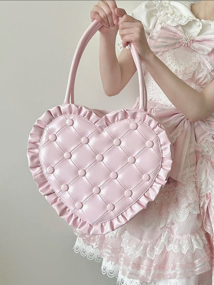 Tasche mit Herz-Steppbesatz, elegant, rosafarbener Lolita-Rüschen-Handtasche