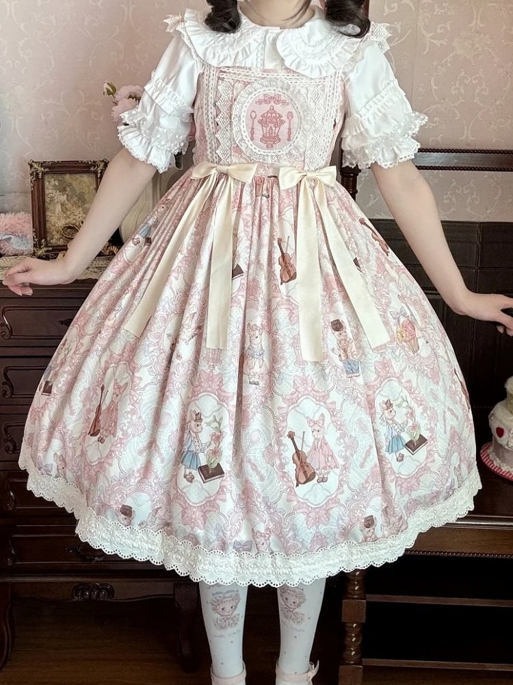 Violin Print and Sweet Waist Lolita Yellow Bunny Light Dress JSK High