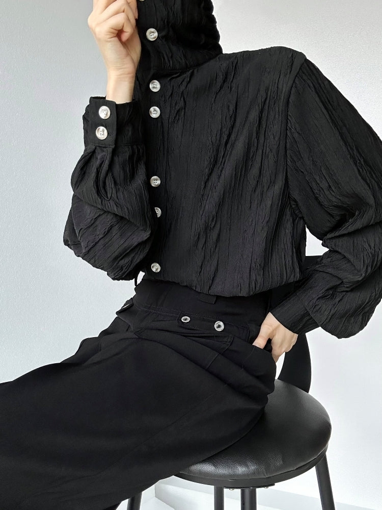 Lolita Shirt with Long Cuffs Sleeve Mandarin Textured Black Ouji Collar Button