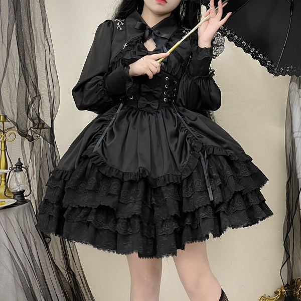 Cropped Cross and Gothic Lace Top Chains Trimmed Lolita with Black Charms