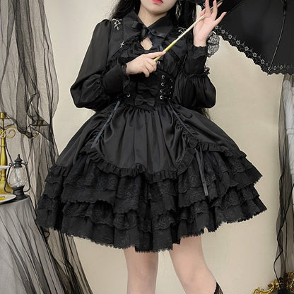 Cropped Cross and Gothic Lace Top Chains Trimmed Lolita with Black Charms
