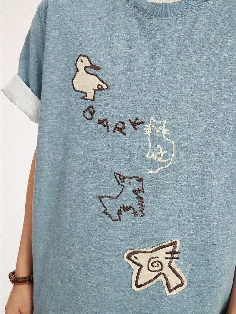 Animal Embroidery with Kawaii T-shirt Patch Decoration Blue Light