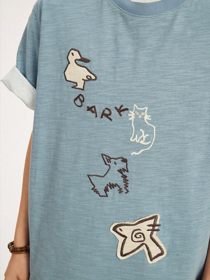 Animal Embroidery with Kawaii T-shirt Patch Decoration Blue Light