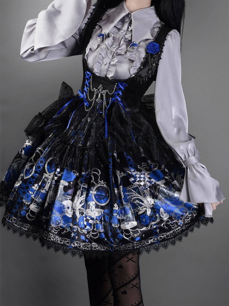 Short Skull Under and Spider with Print JSK Web Blue Dress Bust Gothic Lolita Rosette Overlay Klein