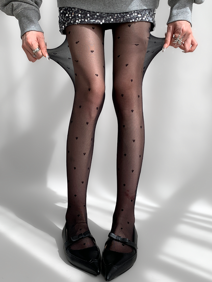 White/Black Heart Tights Semi-Sheer Pattern