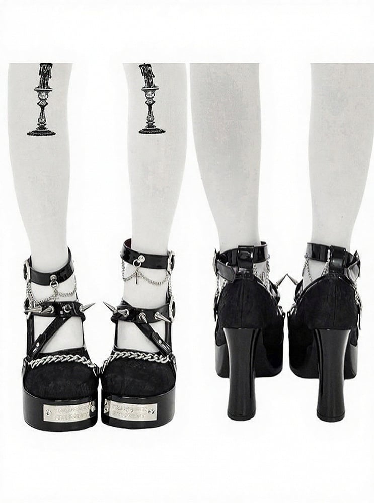 Gothic Black Round Toe 11.5CM High Heels with Spikes & Coffin Buckles - Transfer Student