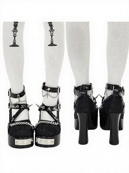 Gothic Black Round Toe 11.5CM High Heels with Spikes & Coffin Buckles - Transfer Student