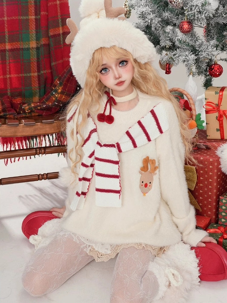 Pull doux à motif de renne mignon rouge vin/blanc avec applique