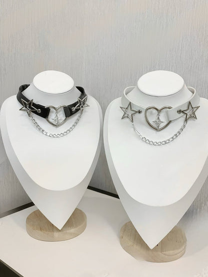 自来計 ブラック ラインストーン スター PU チョーカー チェーン付き