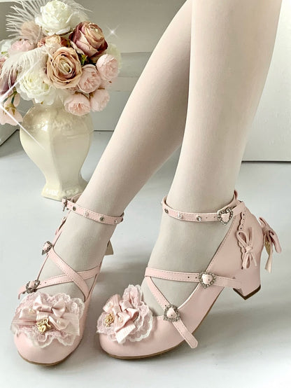 Pink High - Design Heel Embellishments Bow Janes Mary PU with Light Crisscross Sweet Leather