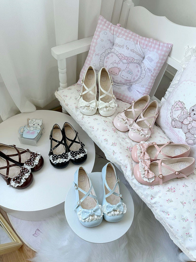 Blue Straps Sweet Trim with Heels Low 2.5cm Lace PU Crisscross Lolita