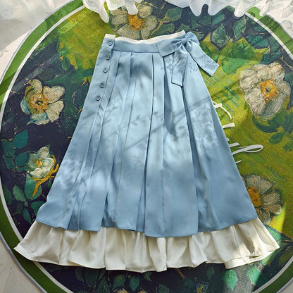 Button-Side Chiffon Colorblock with White Accent Bow Blue Skirt and