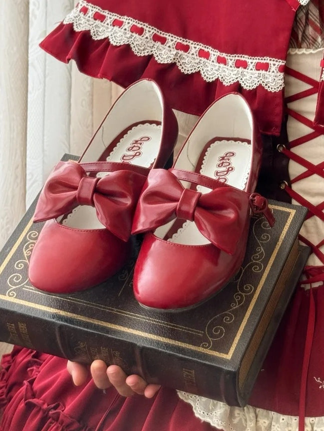 Heel Bow PU Heart Red Lolita Mid with Elegant - Buckle Mary Accents Janes