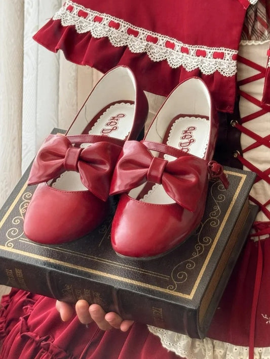 Heel Bow PU Heart Red Lolita Mid with Elegant - Buckle Mary Accents Janes