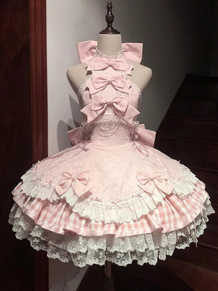 Set Accents Sweet Lolita Idol Pink Neck Bow Dress Halter Sakura / JSK Full