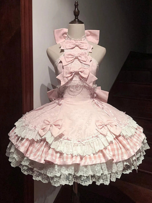 Set Accents Sweet Lolita Idol Pink Neck Bow Dress Halter Sakura / JSK Full