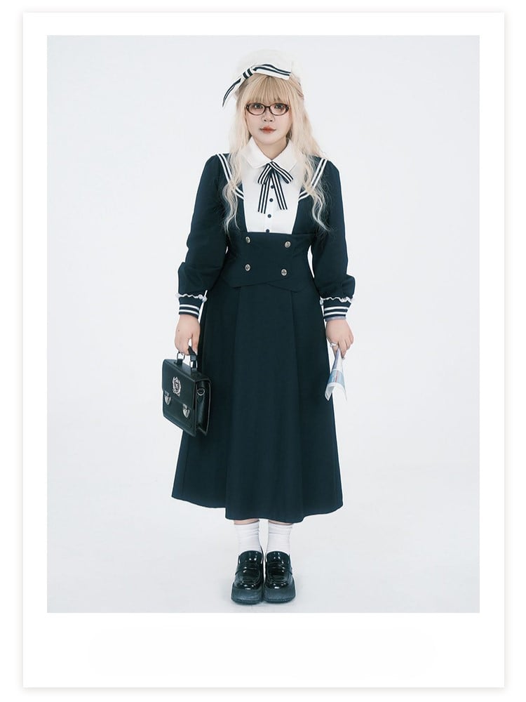 Midi JK Dress Size Striped Uniform Accents Preppy Black with Faux Plus Collar Two-Piece Sailor
