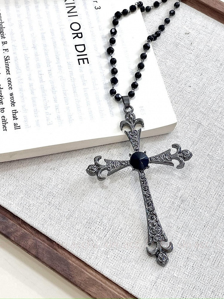 Beaded Monochrome Gothic Crucifix Pendant Necklace - WhaleHall