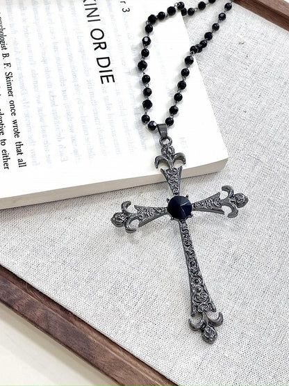 Beaded Monochrome Gothic Crucifix Pendant Necklace - WhaleHall