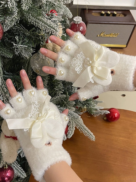 Schwarz/Weiß Niedliche Hasenohren Schleife Herz Perlen Spitze Details Plüschhandschuhe